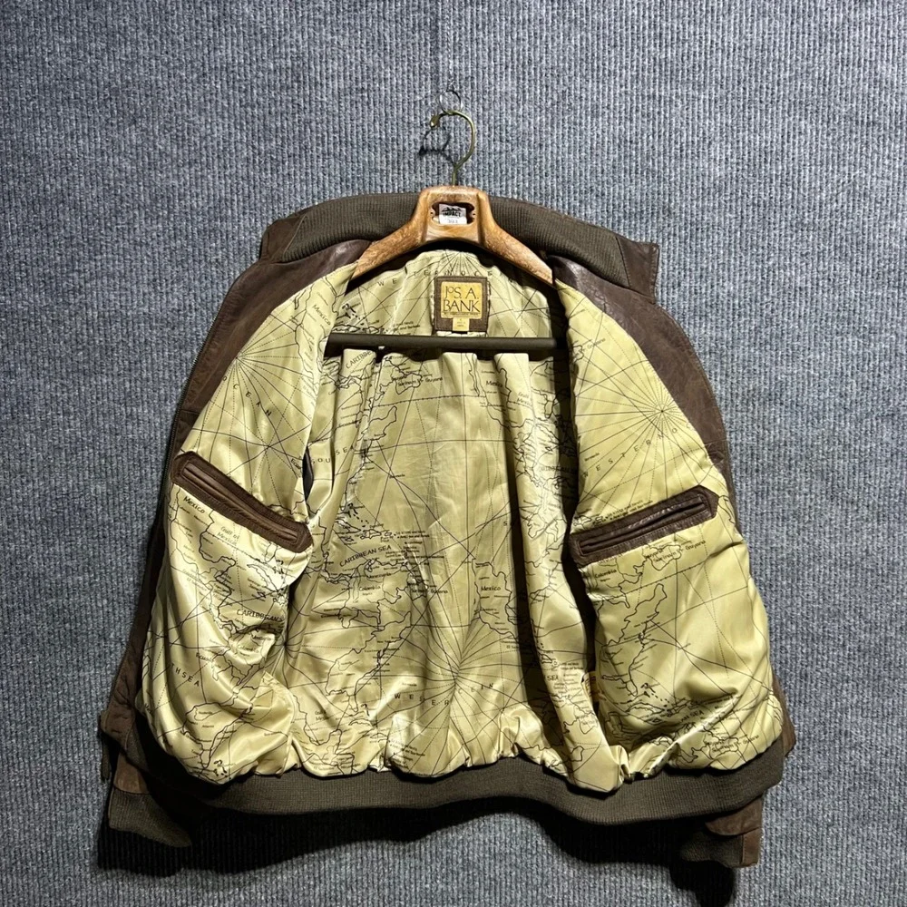 Jos A Bank Leather Bomber Jacket Mens L Brown Flight Map Lining Full Zip Casual